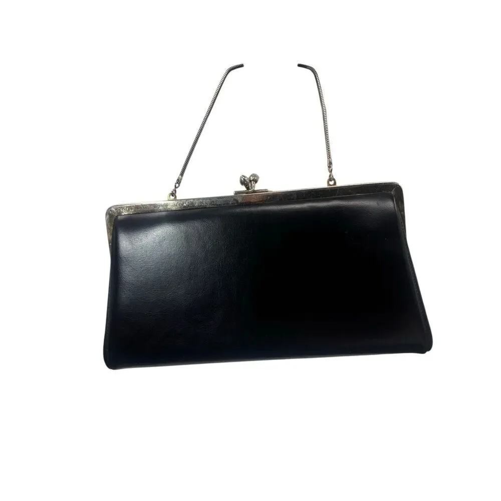 Ande Vintage Black Leather Clutch Evening Bag With Chain Strap